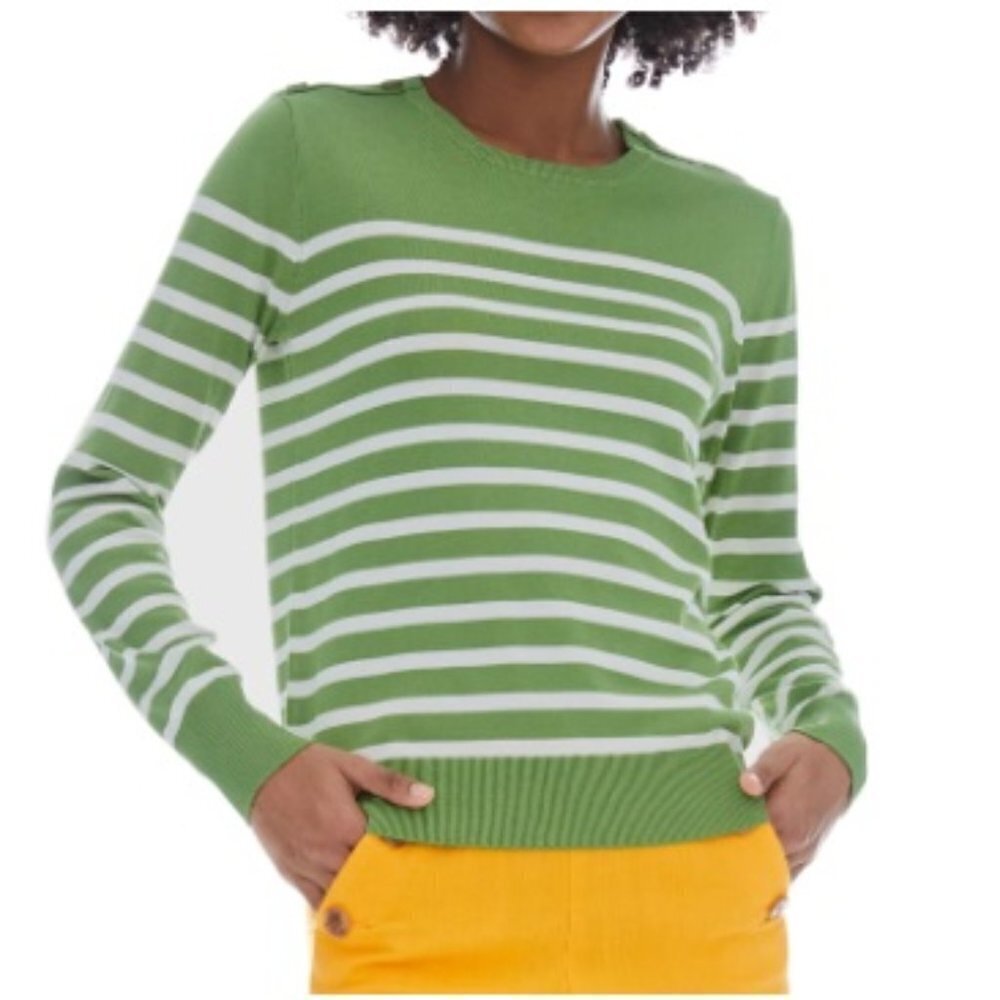 GIL'B Women's Viscose Mix Breton Lightweight Striped Shoulder Buttons Sweater